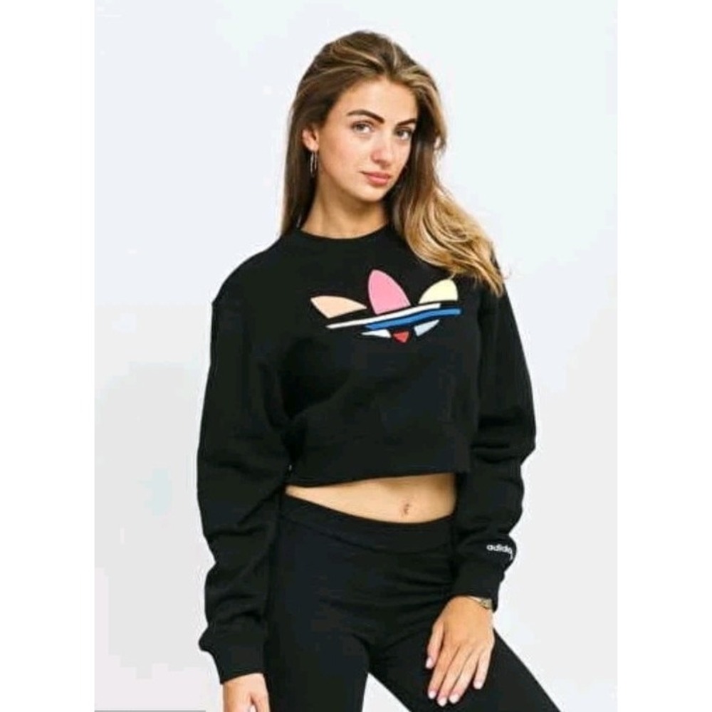 adidas Women's Crop Top Sweatshirt‎ Pullover Crew Neck Long Sleeve Cotton Size M